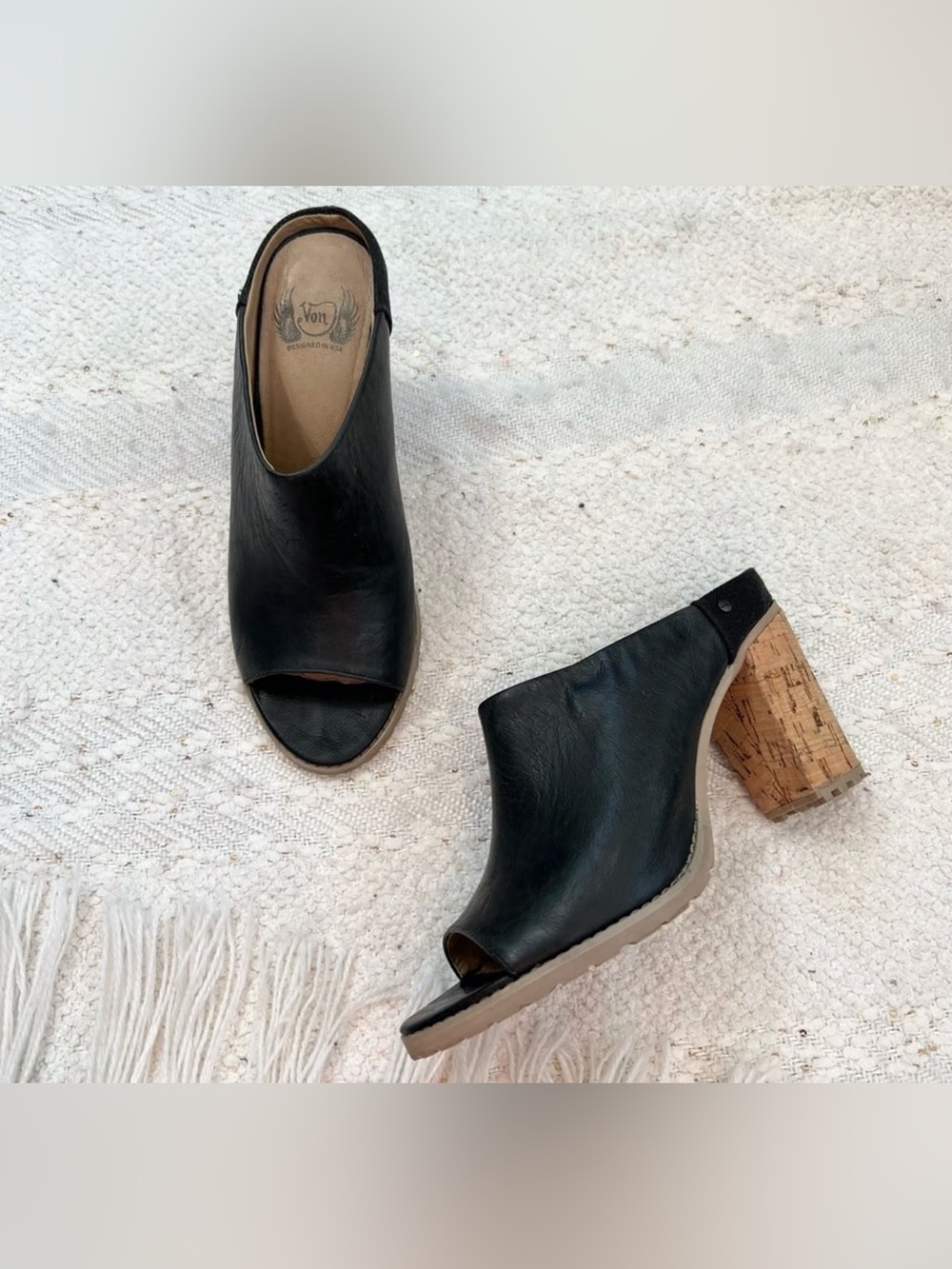 Von Dutch “Cruiser” black leather/fabric peeptoe heeled mules 8 *READ DESC.*